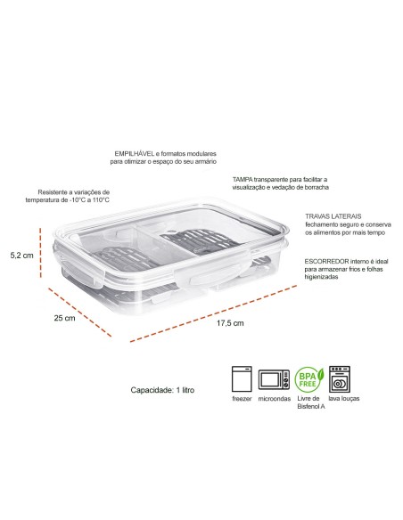 Pote Hermetico Porta Frios Frutas Trava Plastico BPA Free 1L