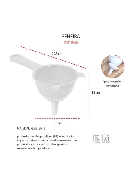 Peneira com Funil Encaixavel Cozinha Plastico Branco Grande