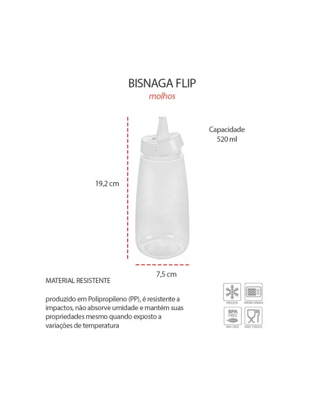 Bisnaga Transparente Tubo Molho Bico Fino Plastico Flip 520ml