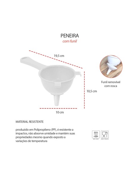 Peneira com Funil Encaixavel Cozinha Plastico Branco Pequeno