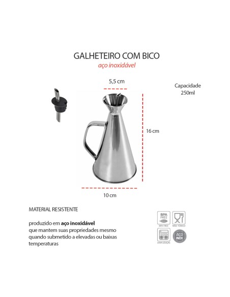 Galheteiro Porta Azeite Bico Jarra Aço Inox Dispenser 250ml