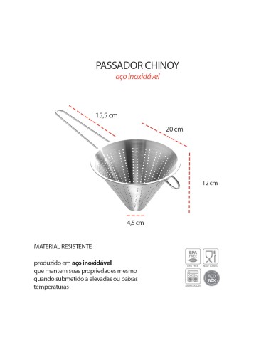 Funil Passador Chinoy Coador Peneira Aço Inox 20cm