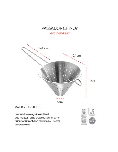 Funil Passador Chinoy Coador Peneira Aço Inox 24cm