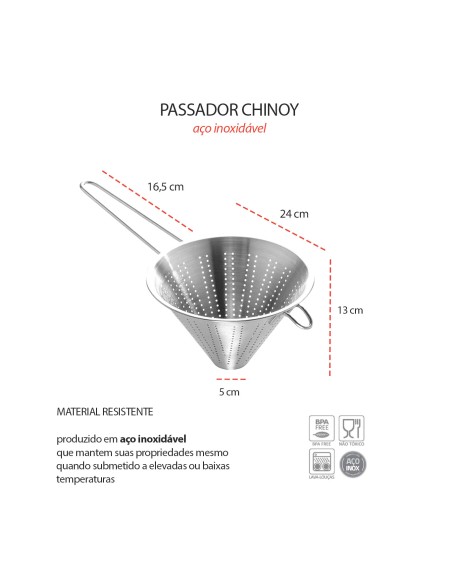 Funil Passador Chinoy Coador Peneira Aço Inox 24cm