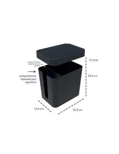 Lixeira Preta Compartimento Porta Sacos e Tampa...