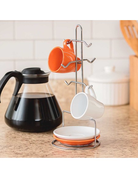 Porta Xicaras e Pires Suporte para 6 Canecas Aço Cromado