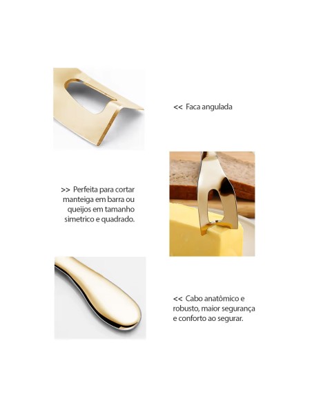 Faca de Manteiga e Queijo Espatula Angular Aço Inox Dourado