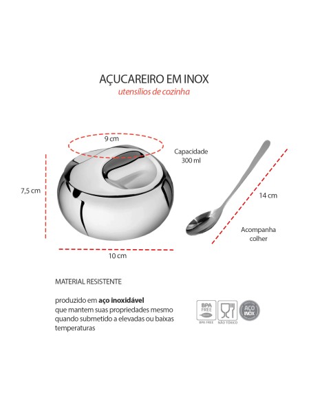 Açucareiro Inox e Colher Pote Açucar Restaurante Hotel 300ml