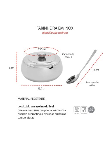 Pote Farinheira Inox com Colher Porta Farinha...