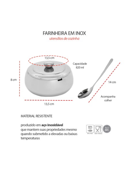 Pote Farinheira Inox com Colher Porta Farinha Restaurante 820ml