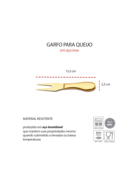 Garfo para Queijo Petiscos Mesa Frios Aço Inox Dourado