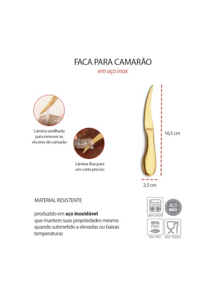 Faca para Camarao Limpar Cortar Frutos Mar Aço Inox Dourado