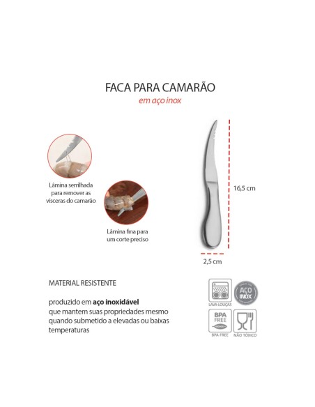 Faca para Camarao Limpar Cortar Frutos Mar Aço Inox Prata