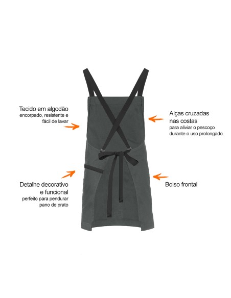 Avental Cinza Alça Cruzada Preto Restaurante Cafeteria Bar