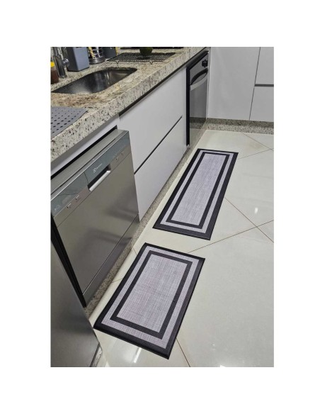Tapete de Cozinha Retangular Pequeno Preto Cinza PVC 60cm