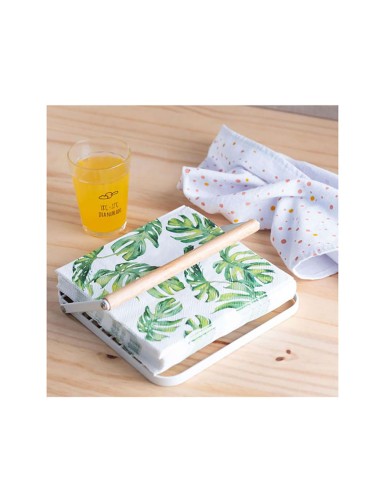 Porta Guardanapo de Mesa Metal Branco e Bambu