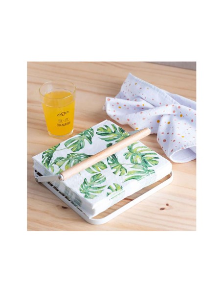 Porta Guardanapo de Mesa Metal Branco e Bambu