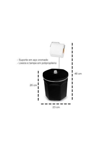Lixeira Preta e Porta Papel Higiênico Cromado de Chao
