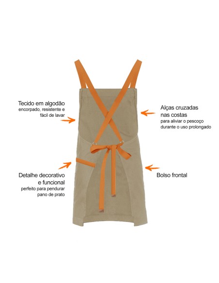 Avental Bege Alça Cruzada Laranja Restaurante Cafeteria Bar