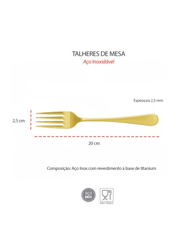 Garfo de Mesa Dourado Ouro Talher Metal Inox...
