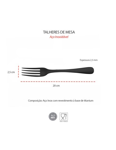 Garfo de Mesa Preto Talheres Metal Inox...