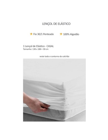 Lençol de Elastico CASAL Branco Algodao Fio...