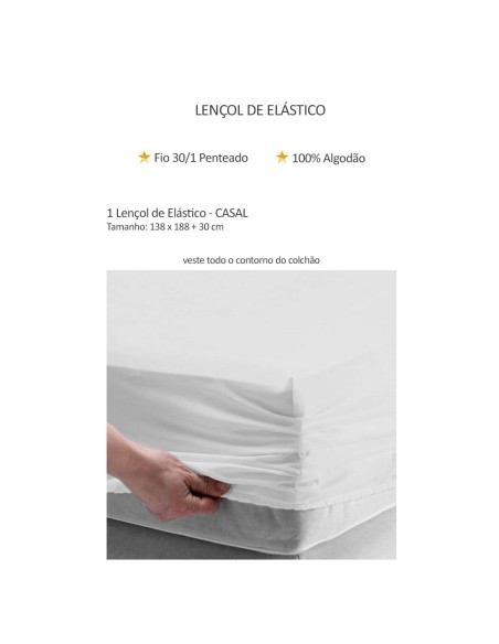 Lençol de Elastico CASAL Branco Algodao Fio Penteado