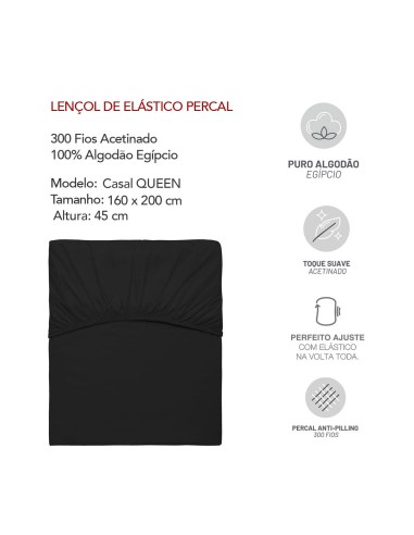 Lençol Elastico QUEEN Preto Algodao Egipcio 300...