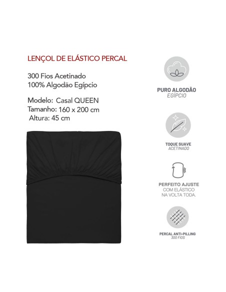 Lençol Elastico QUEEN Preto Algodao Egipcio 300 Fios Acetinado