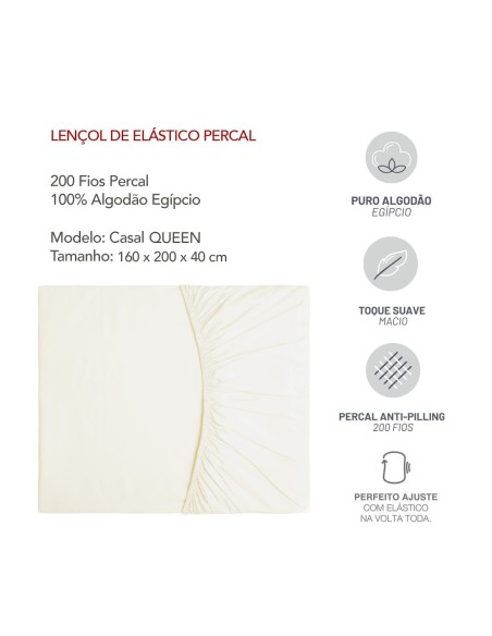 Lençol Elastico QUEEN Branco Off White Algodao Egipcio 200 Fios