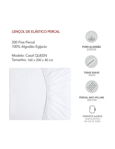 Lençol Elastico QUEEN Branco Algodao Egipcio...