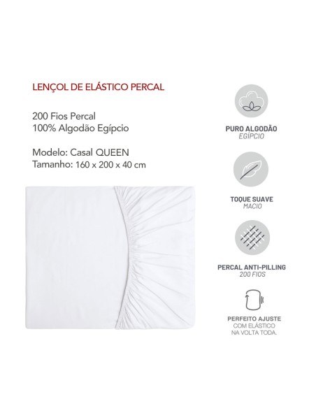 Lençol Elastico QUEEN Branco Algodao Egipcio 200 Fios