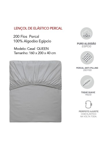 Lençol Elastico QUEEN Cinza Algodao Egipcio 200...