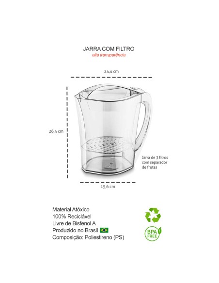 Jarra de Suco Filtro Separador Frutas Transparente PS 3L