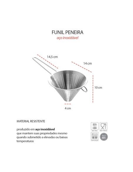 Funil Passador Chinoy Coador Peneira Aço Inox 14cm