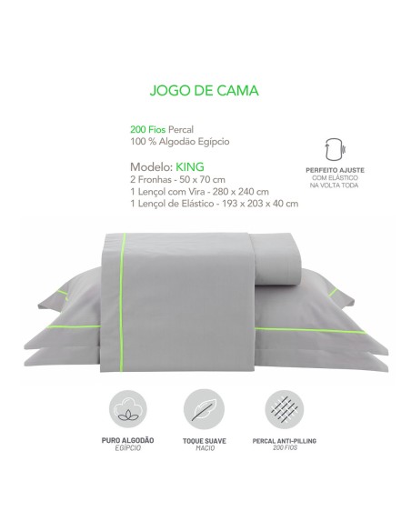 Jogo de Cama KING 200 Fios Percal Algodao Egipcio Cinza Neon Verde 4un