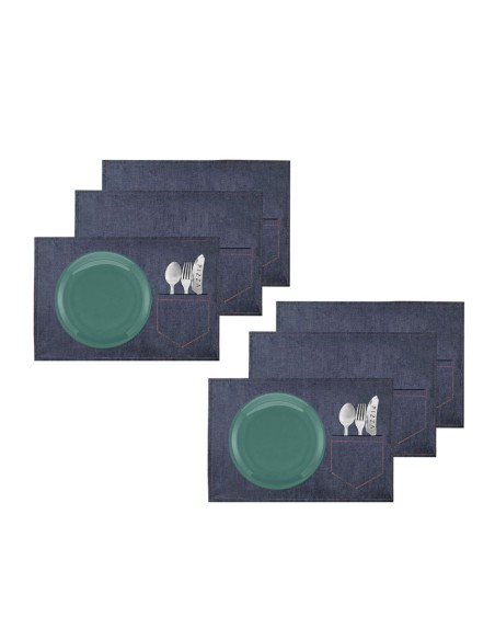 Jogo Americano Jeans Azul Bolso Porta Talheres 6un