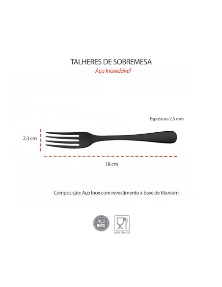 Garfo de Sobremesa Preto Talher Metal Inox Inteiriço 1 un