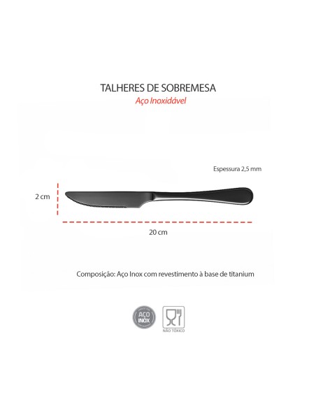 Faca de Sobremesa Preto Talher Metal Inox Inteiriça 1un