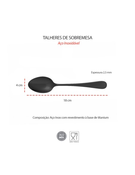 Colher de Sobremesa Preto Talher Metal Inox 12un