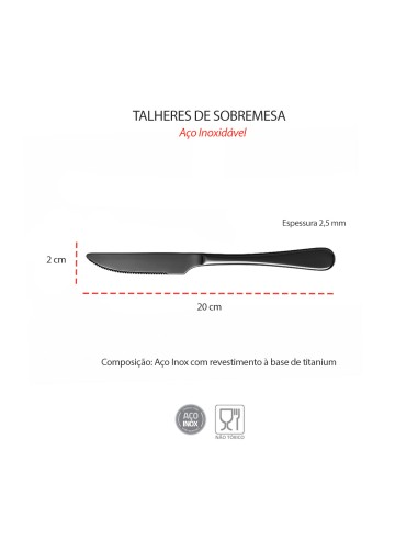 Faca de Sobremesa Preto Talher Metal Inox 12un