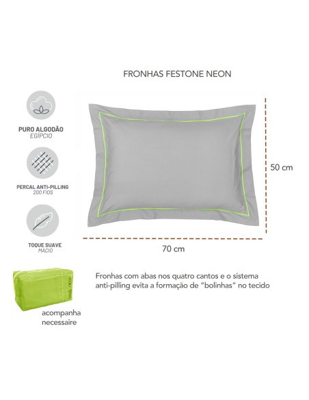 Jogo de Cama KING 200 Fios Percal Algodao Egipcio Cinza Neon Verde 4un