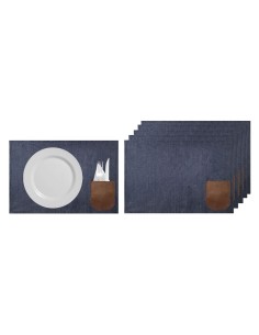 Jogo Americano Jeans Bolso Couro Porta Talheres 6un