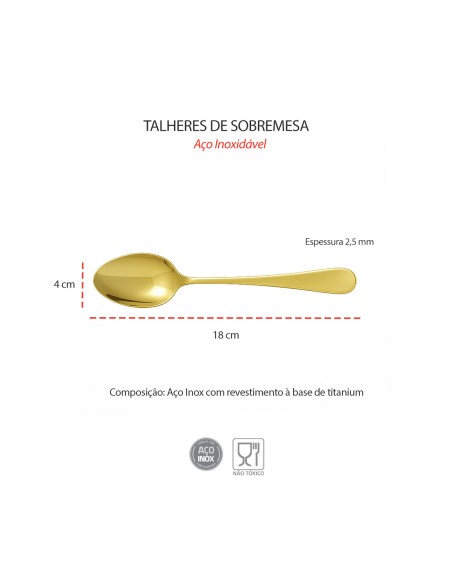 Colher de Sobremesa Dourado Talheres Aço Inox 12un