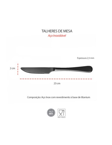 Faca de Mesa Preto Titanium Talheres Aço Inox...