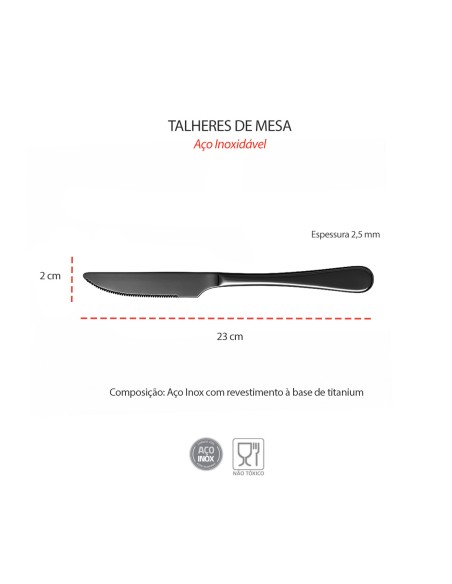 Faca de Mesa Preto Titanium Talheres Aço Inox Resistente 12un