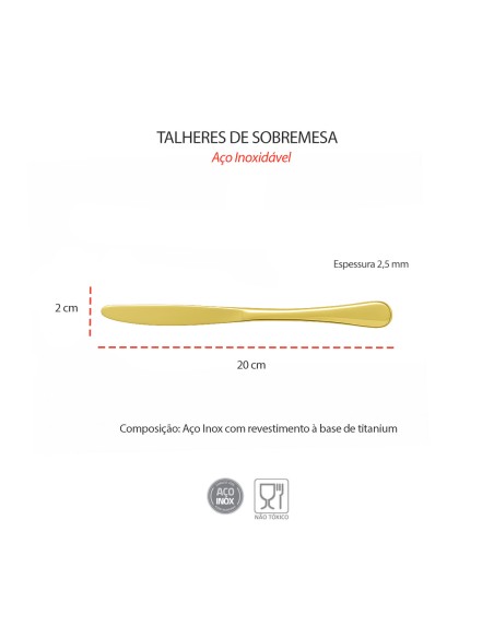Faca de Sobremesa Inox Dourado Talher Metal Inteiriço 12un