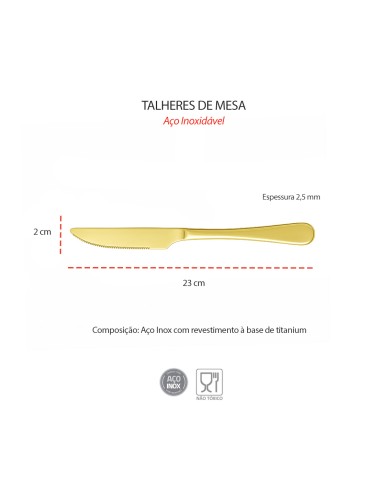 Faca de Mesa Dourado Inox Talheres Metal...