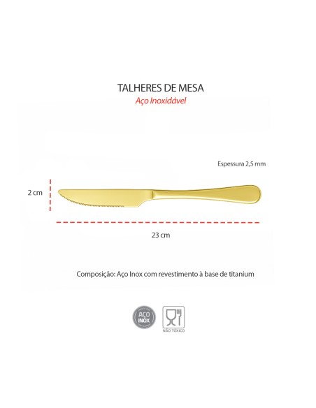Faca de Mesa Dourado Inox Talheres Metal Inteiriço 12un