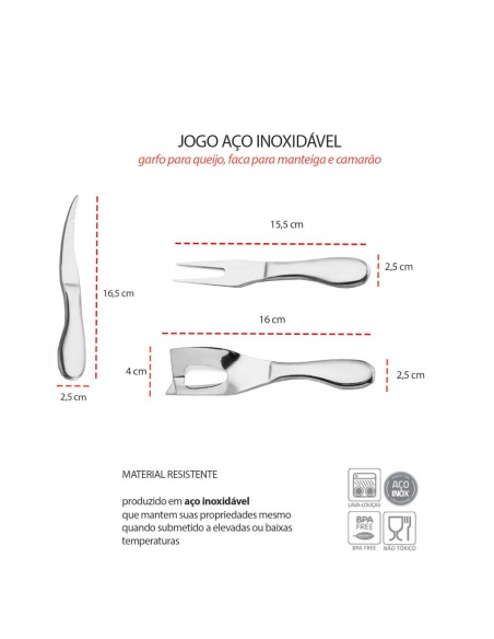 Faca Garfo Queijo Camarao Manteiga Jogo Aço Inox Prata 3un